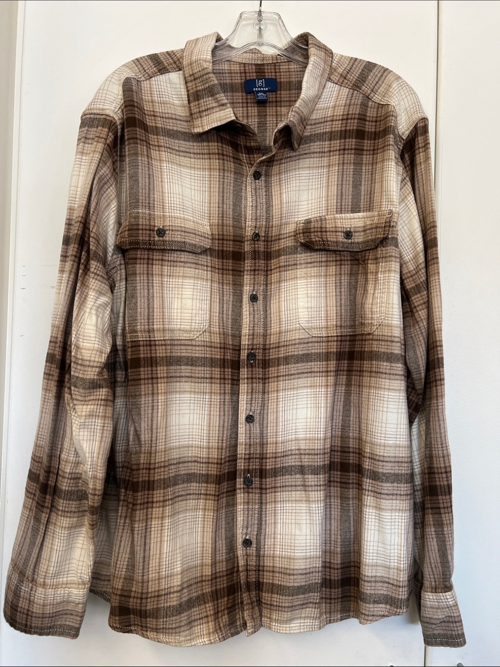 George Men's Brown & Cream Plaid Shirt Flannel Button Down 2XL Men Western
